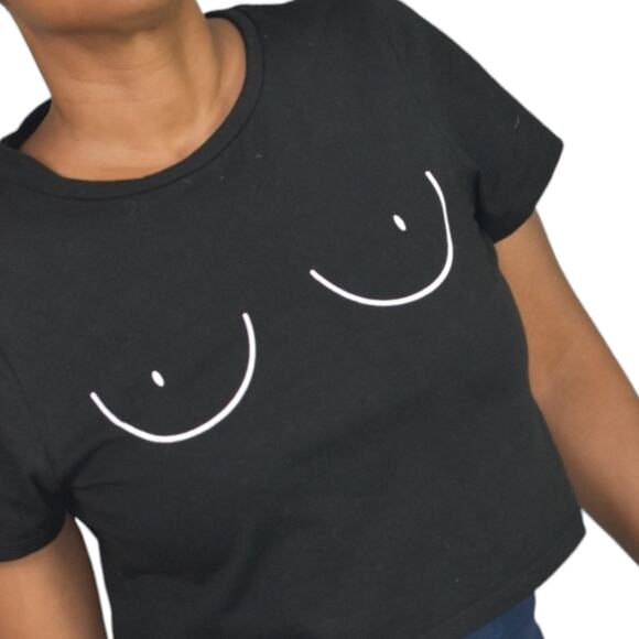 7 Day Wknd Boobs Crop Top Black Boobies Graphic Tee Cropped Cotton Shirt Small - Picture 5 of 13